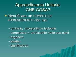 Apprendimento Unitario  CHE COSA? Identificare un  COMPITO DI APPRENDIMENTO  che sia:  unitario, circoscritto e isolabile complesso = articolabile nelle sue parti  organico adatto significativo 