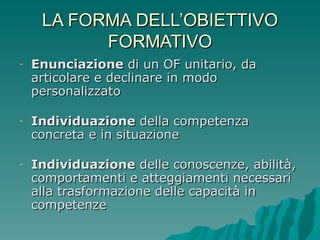 LA FORMA DELL’OBIETTIVO FORMATIVO Enunciazione  di un OF unitario, da articolare e declinare in modo personalizzato Individuazione  della competenza concreta e in situazione Individuazione  delle conoscenze, abilità, comportamenti e atteggiamenti necessari alla trasformazione delle capacità in competenze  