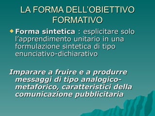 LA FORMA DELL’OBIETTIVO FORMATIVO Forma sintetica  : esplicitare solo l’apprendimento unitario in una formulazione sintetica di tipo enunciativo-dichiarativo Imparare a fruire e a produrre messaggi di tipo analogico-metaforico, caratteristici della comunicazione pubblicitaria   