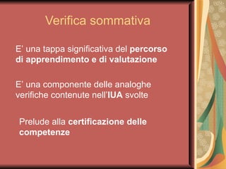 Verifica sommativa E’ una tappa significativa del  percorso di apprendimento e di valutazione E’ una componente delle analoghe verifiche contenute nell’ IUA  svolte  Prelude alla  certificazione delle competenze 