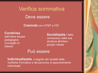 Verifica sommativa  Deve essere Socializzata  ( fatta conoscere) nella sua  struttura all’intero gruppo classe Condivisa  dall’intera équipe pedagogica  (Consiglio di classe)  Può essere Individualizzata , a seguito dei risultati delle Verifiche Formative e del percorso di apprendimento individuale  Coerente  con il PSP e l’OF 