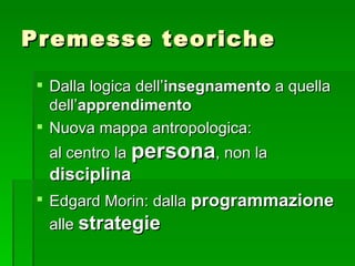Premesse teoriche Dalla logica dell’ insegnamento  a quella dell’ apprendimento   Nuova mappa antropologica: al centro la  persona , non la  disciplina   Edgard Morin: dalla  programmazione   alle  strategie   