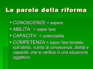 Le parole della riforma CONOSCENZE  = sapere ABILITA  ‘ = saper fare  CAPACITA  ‘ = potenzialità COMPETENZA  = saper fare fondato sull’istinto, nutrito di conoscenze, abilità e capacità, che si verifica in una situazione oggettiva 