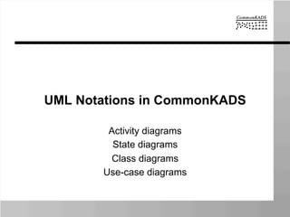 UML Notations in CommonKADS
Activity diagrams
State diagrams
Class diagrams
Use-case diagrams
 