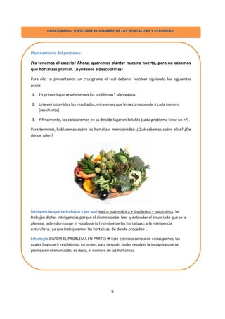9
CRUCIGRAMA: ¡DESCUBRE EL NOMBRE DE LAS HORTALIZAS Y VERDURAS!
Planteamiento del problema:
¡Ya tenemos el caserío! Ahora, queremos plantar nuestro huerto, pero no sabemos
qué hortalizas plantar. ¡Ayúdanos a descubrirlas!
Para ello te presentamos un crucigrama el cual deberás resolver siguiendo los siguientes
pasos:
1. En primer lugar resolveremos los problemas* planteados.
2. Una vez obtenidos los resultados, miraremos que letra corresponde a cada número
(resultados).
3. Y finalmente, los colocaremos en su debido lugar en la tabla (cada problema tiene un nº).
Para terminar, hablaremos sobre las hortalizas mencionadas: ¿Qué sabemos sobre ellas? ¿De
dónde salen?
Inteligencias que se trabajan y por qué:lógico matemática + lingüístico + naturalista. Se
trabajan dichas inteligencias porque el alumno debe leer y entender el enunciado que se le
plantea, además repasar el vocabulario ( nombre de las hortalizas); y la inteligencia
naturalista, ya que trabajaremos las hortalizas, de donde proceden …
Estrategia:DIVIDIR EL PROBLEMA EN PARTES Este ejercicio consta de varias partes, las
cuales hay que ir resolviendo en orden, para después poder resolver la incógnita que se
plantea en el enunciado, es decir, el nombre de las hortalizas.
 