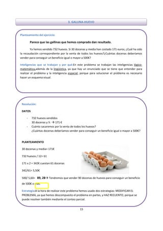 15
3. GALLINA-HUEVO
Planteamiento del ejercicio:
Parece que las gallinas que hemos comprado dan resultado.
Ya hemos vendido 732 huevos. Si 30 docenas y media han costado 171 euros; ¿Cuál ha sido
la recaudación correspondiente por la venta de todos los huevos?¿Cuántas docenas deberíamos
vender para conseguir un beneficio igual o mayor a 500€?
Inteligencias que se trabajan y por qué:En este problema se trabajan las inteligencias lógico-
matemática,además de la lingüística, ya que hay un enunciado que se tiene que entender para
realizar el problema y la inteligencia espacial, porque para solucionar el problema es necesario
hacer un esquema visual.
Resolución:
DATOS
- 732 huevos vendidos
30 docenas y ½  171 €
- Cuánto sacaremos por la venta de todos los huevos?
¿Cuántas docenas deberíamos vender para conseguir un beneficio igual o mayor a 500€?
PLANTEAMIENTO
30 docenas y media= 171€
732 huevos / 12= 61
171 x 2 = 342€ cuestan 61 docenas
342/61= 5,50€
500/ 5,60= 89, 28 Tendremos que vender 90 docenas de huevos para conseguir un beneficio
de 500€ o más.
Estrategia:A la hora de realizar este problema hemos usado dos estrategias: MODIFICAR EL
PROBLEMA, ya que hemos descompuesto el problema en partes, y HAZ RECUENTO, porque se
puede resolver también mediante el conteo parcial.
 