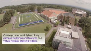 Create promotional flybys of key 
campus buildings and features and 
virtual holiday greeting videos. 
 