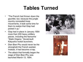 Tables Turned   “ The French had thrown down the gauntlet, but, because the jungle country concealed troop movements, it took some time for them to realize that Giap had picked it up.” Giap had in place in January 1954 more than 200 heavy artillery pieces, including the fearsome “Stalin Organs,” Soviet-built Katyusha rocket launchers. Dien Bien Phu would never be the stronghold the French wanted. Instead, it had become a trap. The attack that formally began the siege of Dien Bien Phu was launched March 13, 1954. 