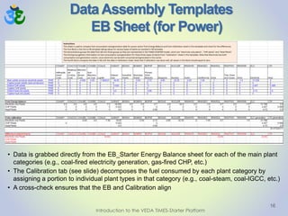 Data Assembly Templates
EB Sheet (for Power)
16
• Data is grabbed directly from the EB_Starter Energy Balance sheet for each of the main plant
categories (e.g., coal-fired electricity generation, gas-fired CHP, etc.)
• The Calibration tab (see slide) decomposes the fuel consumed by each plant category by
assigning a portion to individual plant types in that category (e.g., coal-steam, coal-IGCC, etc.)
• A cross-check ensures that the EB and Calibration align
Introduction to the VEDA TIMES-Starter Platform
 