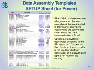 Data Assembly Templates
SETUP Sheet (for Power)
17
• EPA US9rT database contains
a large number of power
plants types that are mapped
to their Starter equivalent
according to the source data
sheet where the plant
characterization is found
• Options are activated or
deactivated according to the
EB, where an “*” appears in
the 1st column if a commodity
is not used for electricity
generation, or the power plant
type is not found in the
country
Introduction to the VEDA TIMES-Starter Platform
 