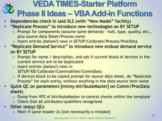 VEDA TIMES-Starter Platform
Phase II Ideas – VBAAdd-in Functions
• Dependencies check in said XLS (with “New Model” facility)
• “Replicate Process” to introduce new technologies on BY SETUP
o Prompt for components (assume same demand) - fuel, type, quality, etc.,
plus source data Sheet/Process name
o Insert entries (below?) rows in SETUP/Calibrate/Process/ProcData
• “Replicate Demand Service” to introduce new enduse demand service
on BY SETUP
o Prompt for name / description, and ask if current block of devices in the
current service are to be duplicated
o Insert entries (below?) rows in
SETUP/EB/Calibrate/Commodities/CommData
o If devices block to be copied prompt for source data sheet, do “Replicate
Process” for each entity, without anything in the data source tech name
• Quick QC on parameters [minny AttributeMaster] on Comm/ProcData
sheets
o Dump from VFE of AttributeMaster to control checks within the template
o Check that all attributes/qualifiers recognized
• Other (easy) QCs
o Warn if same header 2x [not necessarily a mistake]
38
Introduction to the VEDA TIMES-Starter Platform
 