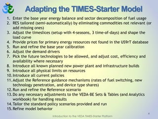 Adapting the TIMES-Starter Model
1. Enter the base year energy balance and sector decomposition of fuel usage
2. RES tailored (semi-automatically) by eliminating commodities not relevant (or
add missing ones)
3. Adjust the timeslices (setup with 4-seasons, 3 time-of-days) and shape the
load curve
4. Provide prices for primary energy resources not found in the US9rT database
5. Run and refine the base year calibration
6. Adjust the demand drivers
7. Pick the future technologies to be allowed, and adjust cost, efficiency and
availability where necessary
8. Introduce all known planned new power plant and infrastructure builds
9. Introduce all physical limits on resources
10.Introduce all current policies
11.Adjust the Reference guidance mechanisms (rates of fuel switching, new
technology penetration, and device type shares)
12.Run and refine the Reference scenario
13.Do any necessary adjustments to the VEDA-BE Sets & Tables (and Analytics
workbook) for handling results
14.Tailor the standard policy scenarios provided and run
15.Refine model behavior
4
Introduction to the VEDA TIMES-Starter Platform
 