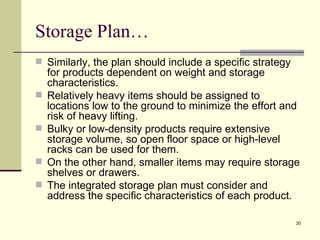 Storage Plan…
 Similarly, the plan should include a specific strategy
    for products dependent on weight and storage
    characteristics.
   Relatively heavy items should be assigned to
    locations low to the ground to minimize the effort and
    risk of heavy lifting.
   Bulky or low-density products require extensive
    storage volume, so open floor space or high-level
    racks can be used for them.
   On the other hand, smaller items may require storage
    shelves or drawers.
   The integrated storage plan must consider and
    address the specific characteristics of each product.

                                                           30
 