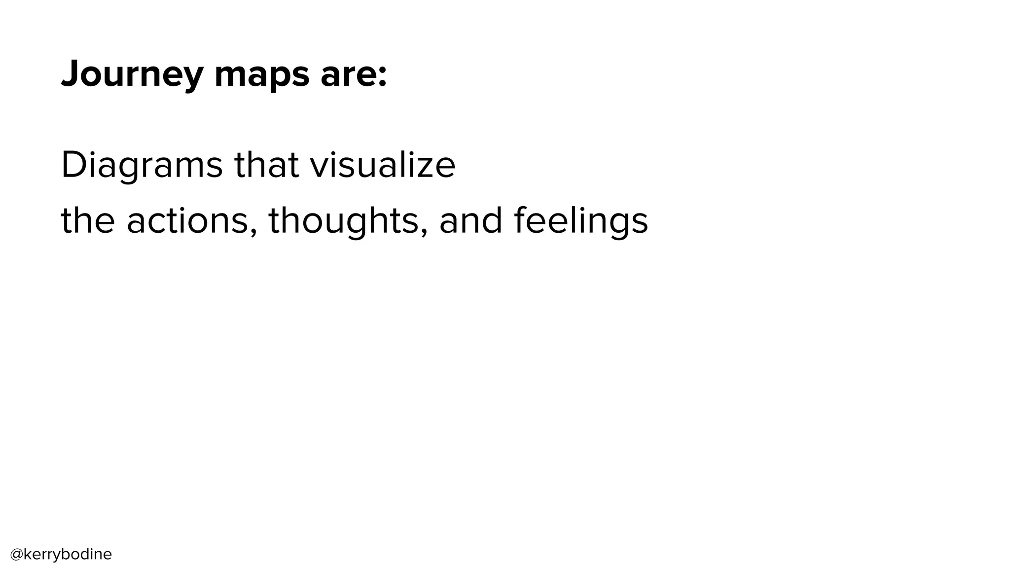Journey maps are:
Diagrams that visualize
the actions, thoughts, and feelings
@kerrybodine
 