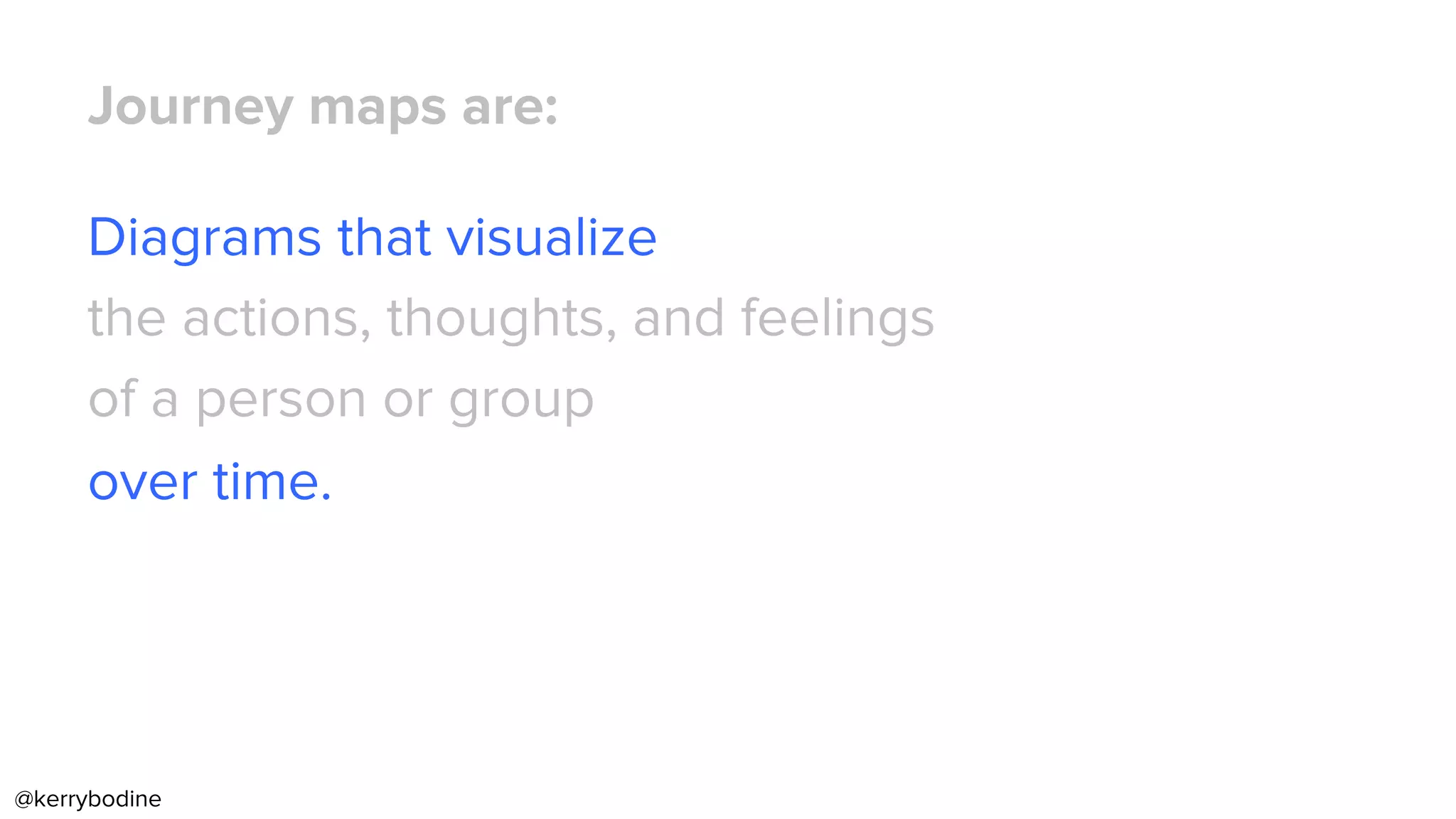 Journey maps are:
Diagrams that visualize
the actions, thoughts, and feelings
of a person or group
over time.
@kerrybodine
 