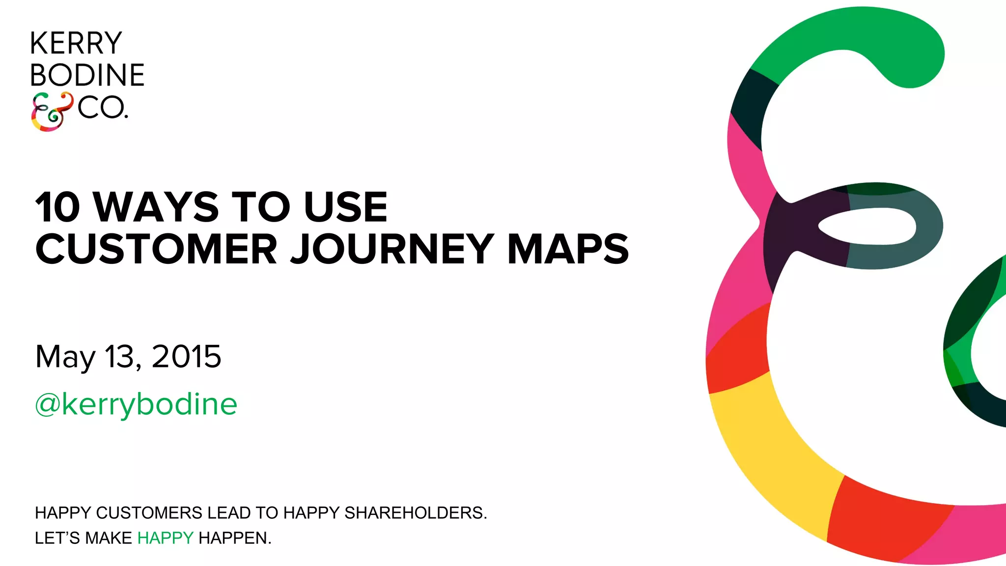 10 WAYS TO USE
CUSTOMER JOURNEY MAPS
May 13, 2015
@kerrybodine
HAPPY CUSTOMERS LEAD TO HAPPY SHAREHOLDERS.
LET’S MAKE HAPPY HAPPEN.
 