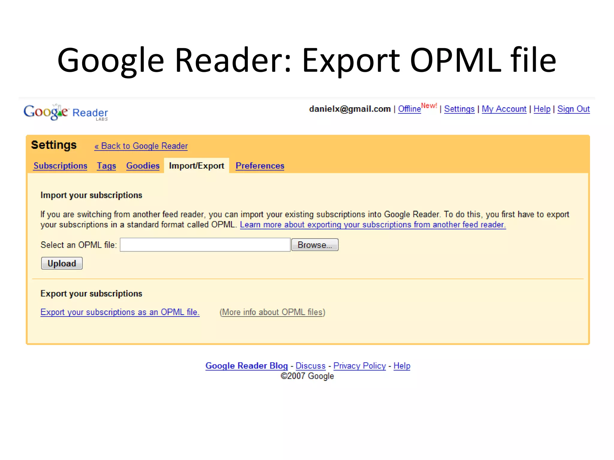 Google Reader: Export OPML file 