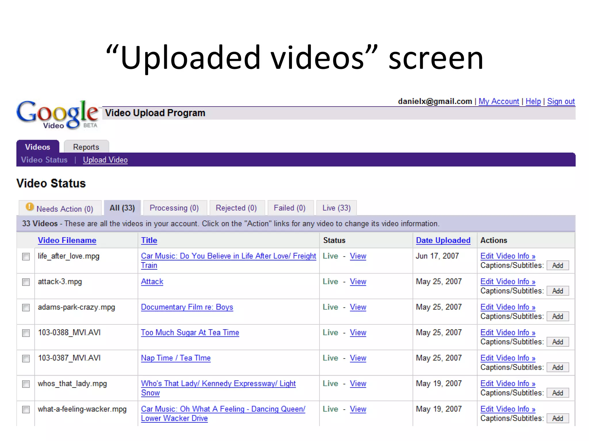 “ Uploaded videos” screen 