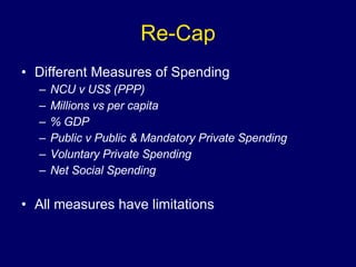 Re-Cap Different Measures of Spending NCU v US$ (PPP) Millions vs per capita % GDP Public v Public & Mandatory Private Spending Voluntary Private Spending Net Social Spending All measures have limitations 