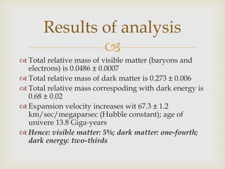 
 Total relative mass of visible matter (baryons and
electrons) is 0.0486 ± 0.0007
 Total relative mass of dark matter is 0.273 ± 0.006
 Total relative mass correspoding with dark energy is
0.68 ± 0.02
 Expansion velocity increases wit 67.3 ± 1.2
km/sec/megaparsec (Hubble constant); age of
univere 13.8 Giga-years
 Hence: visible matter: 5%; dark matter: one-fourth;
dark energy: two-thirds
Results of analysis
 