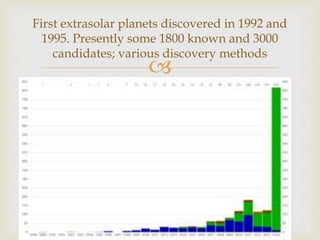 
First extrasolar planets discovered in 1992 and
1995. Presently some 1800 known and 3000
candidates; various discovery methods
 