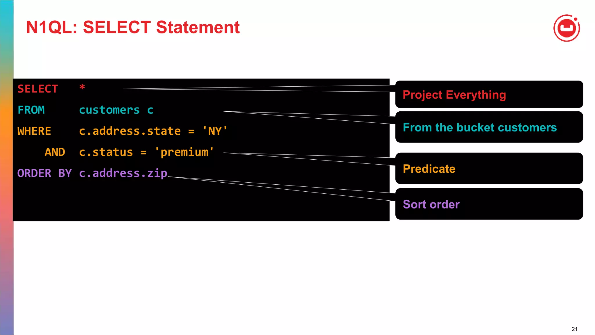 21
N1QL: SELECT Statement
SELECT *
FROM customers c
WHERE c.address.state = 'NY'
AND c.status = 'premium'
ORDER BY c.address.zip
Project Everything
From the bucket customers
Sort order
Predicate
 