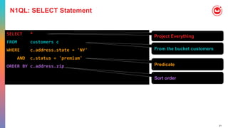 21
N1QL: SELECT Statement
SELECT *
FROM customers c
WHERE c.address.state = 'NY'
AND c.status = 'premium'
ORDER BY c.address.zip
Project Everything
From the bucket customers
Sort order
Predicate
 