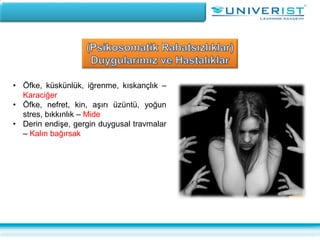 • Öfke, küskünlük, iğrenme, kıskançlık –
Karaciğer
• Öfke, nefret, kin, aşırı üzüntü, yoğun
stres, bıkkınlık – Mide
• Derin endişe, gergin duygusal travmalar
– Kalın bağırsak
 