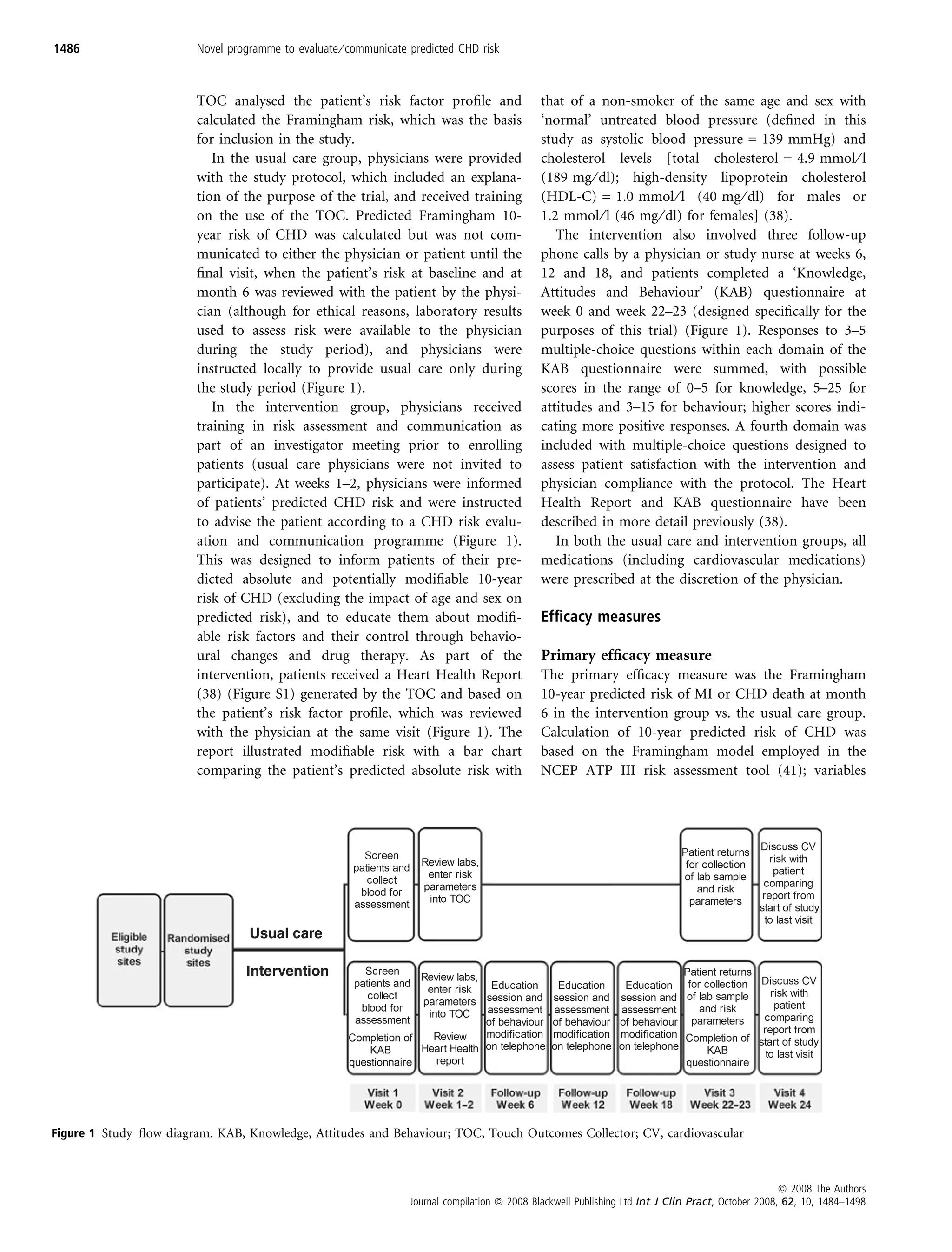 1486                    Novel programme to evaluate ⁄ communicate predicted CHD risk



                        TOC analysed the patient’s risk factor proﬁle and                      that of a non-smoker of the same age and sex with
                        calculated the Framingham risk, which was the basis                    ‘normal’ untreated blood pressure (deﬁned in this
                        for inclusion in the study.                                            study as systolic blood pressure = 139 mmHg) and
                           In the usual care group, physicians were provided                   cholesterol levels [total cholesterol = 4.9 mmol ⁄ l
                        with the study protocol, which included an explana-                    (189 mg ⁄ dl); high-density lipoprotein cholesterol
                        tion of the purpose of the trial, and received training                (HDL-C) = 1.0 mmol ⁄ l (40 mg ⁄ dl) for males or
                        on the use of the TOC. Predicted Framingham 10-                        1.2 mmol ⁄ l (46 mg ⁄ dl) for females] (38).
                        year risk of CHD was calculated but was not com-                          The intervention also involved three follow-up
                        municated to either the physician or patient until the                 phone calls by a physician or study nurse at weeks 6,
                        ﬁnal visit, when the patient’s risk at baseline and at                 12 and 18, and patients completed a ‘Knowledge,
                        month 6 was reviewed with the patient by the physi-                    Attitudes and Behaviour’ (KAB) questionnaire at
                        cian (although for ethical reasons, laboratory results                 week 0 and week 22–23 (designed speciﬁcally for the
                        used to assess risk were available to the physician                    purposes of this trial) (Figure 1). Responses to 3–5
                        during the study period), and physicians were                          multiple-choice questions within each domain of the
                        instructed locally to provide usual care only during                   KAB questionnaire were summed, with possible
                        the study period (Figure 1).                                           scores in the range of 0–5 for knowledge, 5–25 for
                           In the intervention group, physicians received                      attitudes and 3–15 for behaviour; higher scores indi-
                        training in risk assessment and communication as                       cating more positive responses. A fourth domain was
                        part of an investigator meeting prior to enrolling                     included with multiple-choice questions designed to
                        patients (usual care physicians were not invited to                    assess patient satisfaction with the intervention and
                        participate). At weeks 1–2, physicians were informed                   physician compliance with the protocol. The Heart
                        of patients’ predicted CHD risk and were instructed                    Health Report and KAB questionnaire have been
                        to advise the patient according to a CHD risk evalu-                   described in more detail previously (38).
                        ation and communication programme (Figure 1).                             In both the usual care and intervention groups, all
                        This was designed to inform patients of their pre-                     medications (including cardiovascular medications)
                        dicted absolute and potentially modiﬁable 10-year                      were prescribed at the discretion of the physician.
                        risk of CHD (excluding the impact of age and sex on
                        predicted risk), and to educate them about modiﬁ-                      Efﬁcacy measures
                        able risk factors and their control through behavio-
                        ural changes and drug therapy. As part of the                          Primary efﬁcacy measure
                        intervention, patients received a Heart Health Report                  The primary efﬁcacy measure was the Framingham
                        (38) (Figure S1) generated by the TOC and based on                     10-year predicted risk of MI or CHD death at month
                        the patient’s risk factor proﬁle, which was reviewed                   6 in the intervention group vs. the usual care group.
                        with the physician at the same visit (Figure 1). The                   Calculation of 10-year predicted risk of CHD was
                        report illustrated modiﬁable risk with a bar chart                     based on the Framingham model employed in the
                        comparing the patient’s predicted absolute risk with                   NCEP ATP III risk assessment tool (41); variables




Figure 1 Study ﬂow diagram. KAB, Knowledge, Attitudes and Behaviour; TOC, Touch Outcomes Collector; CV, cardiovascular



                                                                                                                                                     ª 2008 The Authors
                                                                  Journal compilation ª 2008 Blackwell Publishing Ltd Int J Clin Pract, October 2008, 62, 10, 1484–1498
 