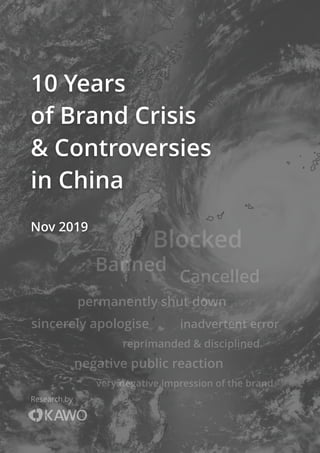 10 Years
of Brand Crisis
& Controversies
in China
Nov 2019
Research by
negative public reaction
very negative impression of the brand
Banned
Blocked
Cancelled
reprimanded & disciplined
inadvertent errorsincerely apologise
permanently shut down
 