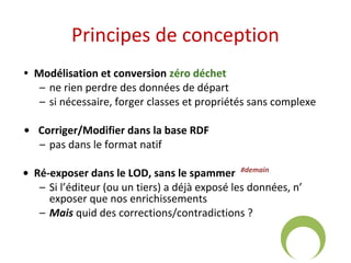 Principes de conception 
• Modélisation et conversion zéro déchet 
– ne rien perdre des données de départ 
– si nécessaire, forger classes et propriétés sans complexe 
• Corriger/Modifier dans la base RDF 
– pas dans le format natif 
• Ré-exposer dans le LOD, sans le spammer #demain 
– Si l’éditeur (ou un tiers) a déjà exposé les données, n’ 
exposer que nos enrichissements 
– Mais quid des corrections/contradictions ? 
 