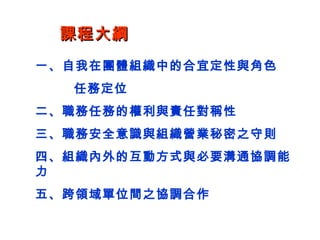 課程大綱 一、自我在團體組織中的合宜定性與角色 任務定位 二、職務任務的權利與責任對稱性 三、職務安全意識與組織營業秘密之守則 四、組織內外的互動方式與必要溝通協調能力 五、跨領域單位間之協調合作 
