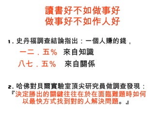 讀書好不如做事好 做事好不如作人好 1. 史丹福調查結論指出：一個人賺的錢， 一二．五％   來自知識 八七．五％   來自關係 2. 哈佛對貝爾實驗室頂尖研究員做調查發現： 『 決定勝出的關鍵往往在於在面臨難題時如何以最快方式找到對的人解決問題 。』 