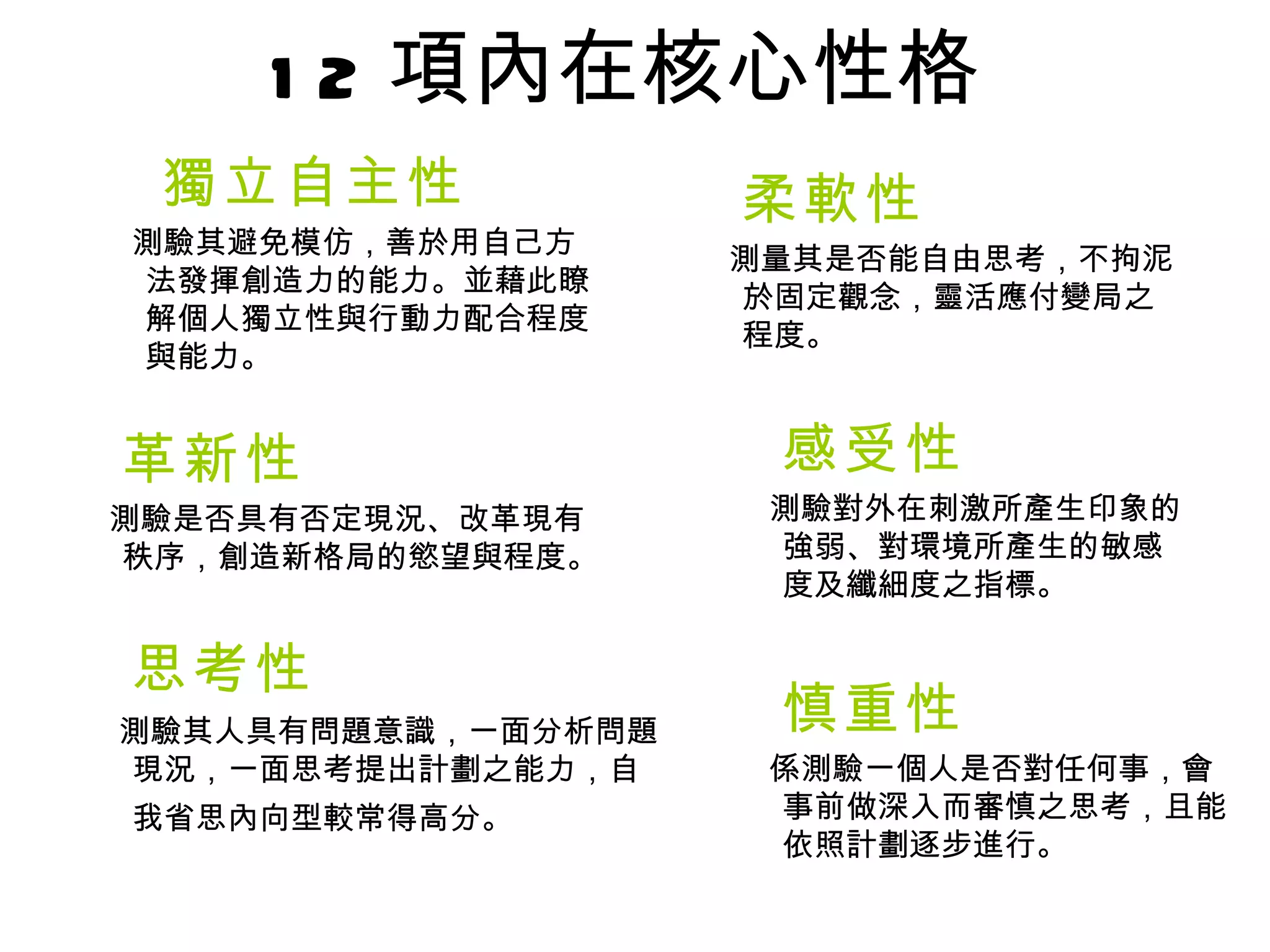 12 項內在核心性格 獨立自主性 測驗其避免模仿，善於用自己方法發揮創造力的能力。並藉此瞭解個人獨立性與行動力配合程度與能力。 革新性 測驗是否具有否定現況、改革現有秩序，創造新格局的慾望與程度。 思考性 測驗其人具有問題意識，一面分析問題現況，一面思考提出計劃之能力，自我省思內向型較常得高分。   柔軟性 測量其是否能自由思考，不拘泥於固定觀念，靈活應付變局之程度。 感受性 測驗對外在刺激所產生印象的強弱、對環境所產生的敏感度及纖細度之指標。 慎重性 係測驗一個人是否對任何事，會事前做深入而審慎之思考，且能依照計劃逐步進行。 