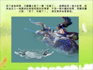 到了進食時間，只聽護士說了一聲「吃飯了」，就開始用一根大針筒，很快地注入一堆糜狀的食物到朋友的胃管，不消一兩分鐘的時間，再聽到護士說：「好了，吃飽了！」，朋友無奈地看著我。 