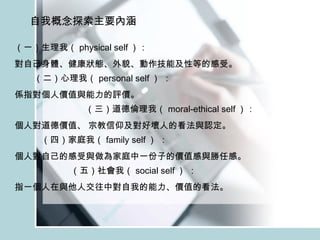 自我概念探索主要內涵 （一）生理我（ physical self ）： 對自己身體、健康狀態、外貌、動作技能及性等的感受。  （二）心理我（ personal self ） ： 係指對個人價值與能力的評價。  （三）道德倫理我（ moral-ethical self ）： 個人對道德價值、 宗教信仰及對好壞人的看法與認定。  （四）家庭我（ family self ） ： 個人對自己的感受與做為家庭中一份子的價值感與勝任感。  （五）社會我（ social self ） ： 指一個人在與他人交往中對自我的能力、價值的看法。 