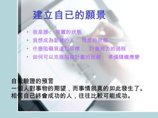 建立自已的願景 我是誰 :  現實的狀態 我想成為怎樣的人 :  理想的狀態 什麼阻礙我達到目標 : 　計畫努力的過程 如何可以克服阻礙計畫的困難 :  準備隨機應變 自我驗證的預言 一個人對事物的期望，而事情就真的如此發生了。 相信自己終會成功的人，往往比較可能成功。   