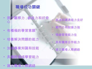 職場成功關鍵 提升觀察力 , 創造力和好奇心 有積極的學習意願 培養解決問題的能力 加強專業知識和技能 具備跨領域學習能力 建立職場人際網絡 表達和溝通能力良好 戰鬥力和耐操力強 情緒管理能力佳 具有團隊合作能力 建立職場人際網絡 