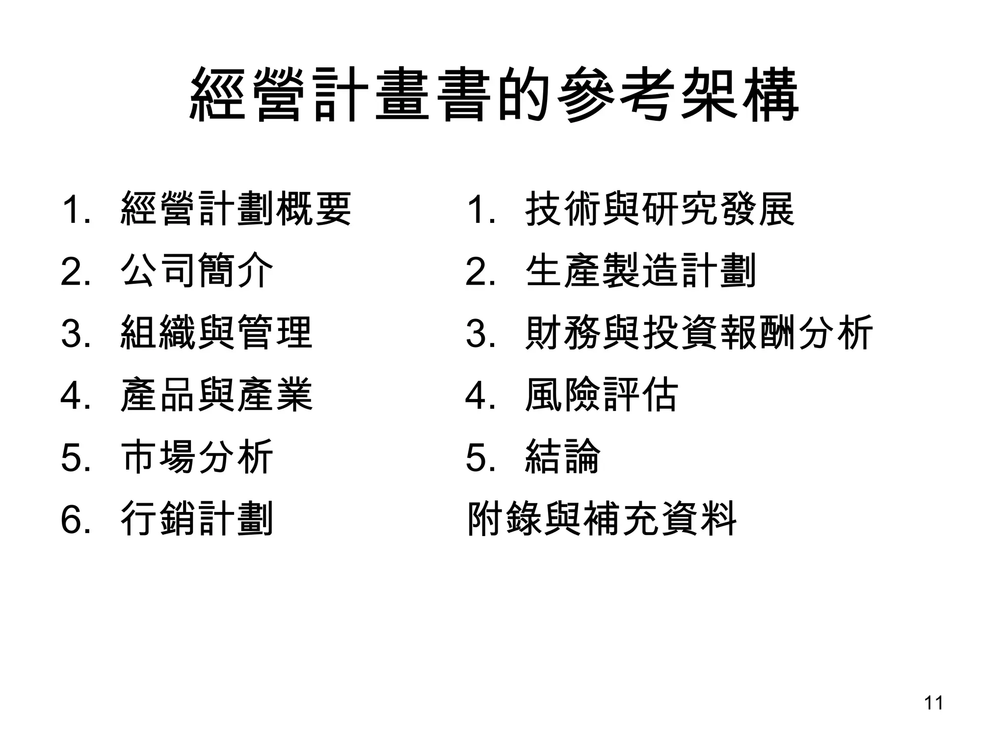 經營計畫書的參考架構  經營計劃概要 公司簡介 組織與管理 產品與產業 市場分析 行銷計劃 技術與研究發展 生產製造計劃 財務與投資報酬分析 風險評估 結論 附錄與補充資料 