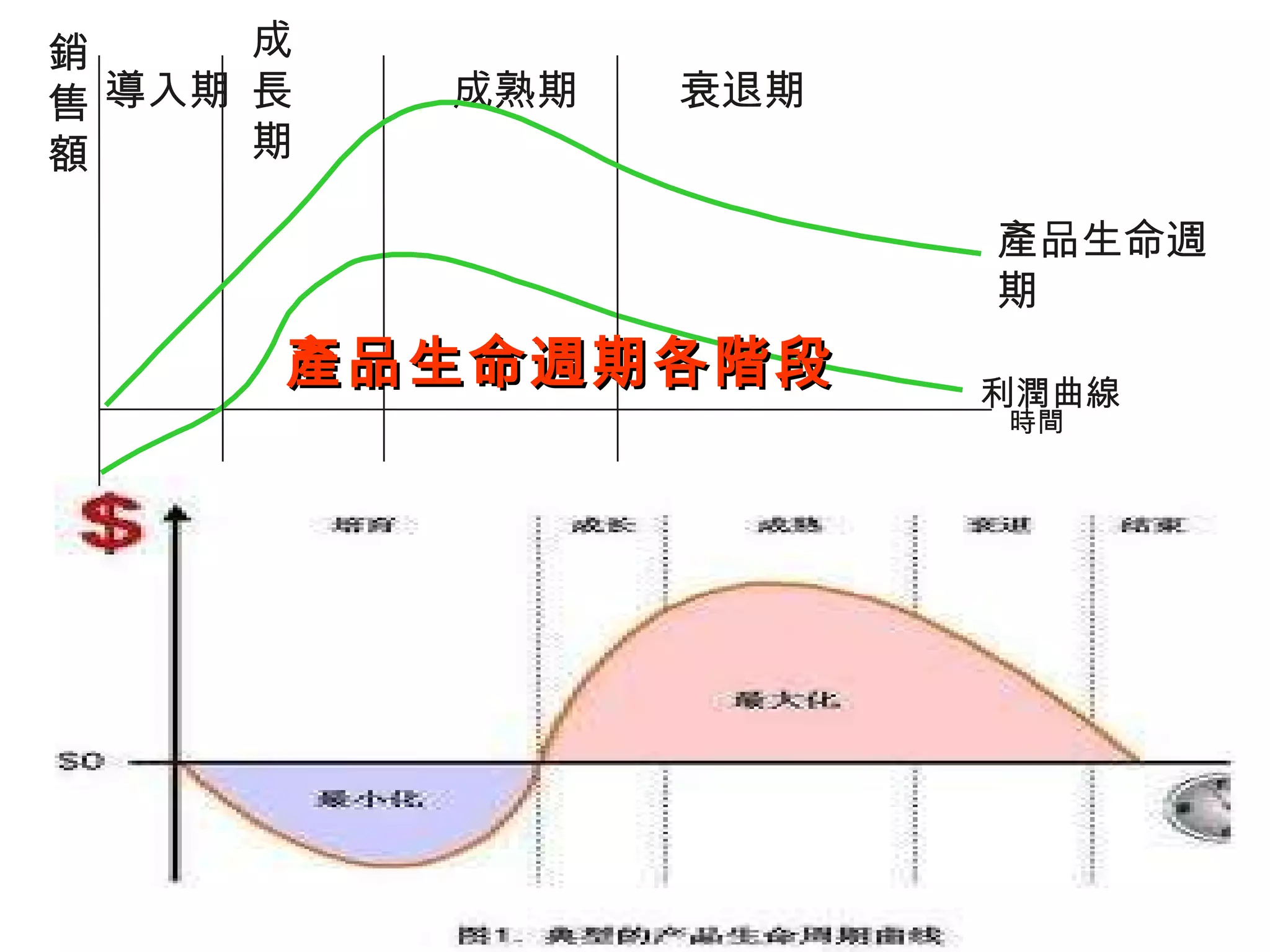 產品生命週期各階段 導入期 成長期 成熟期 衰退期 產品生命週期 利潤曲線 時間 銷 售 額 