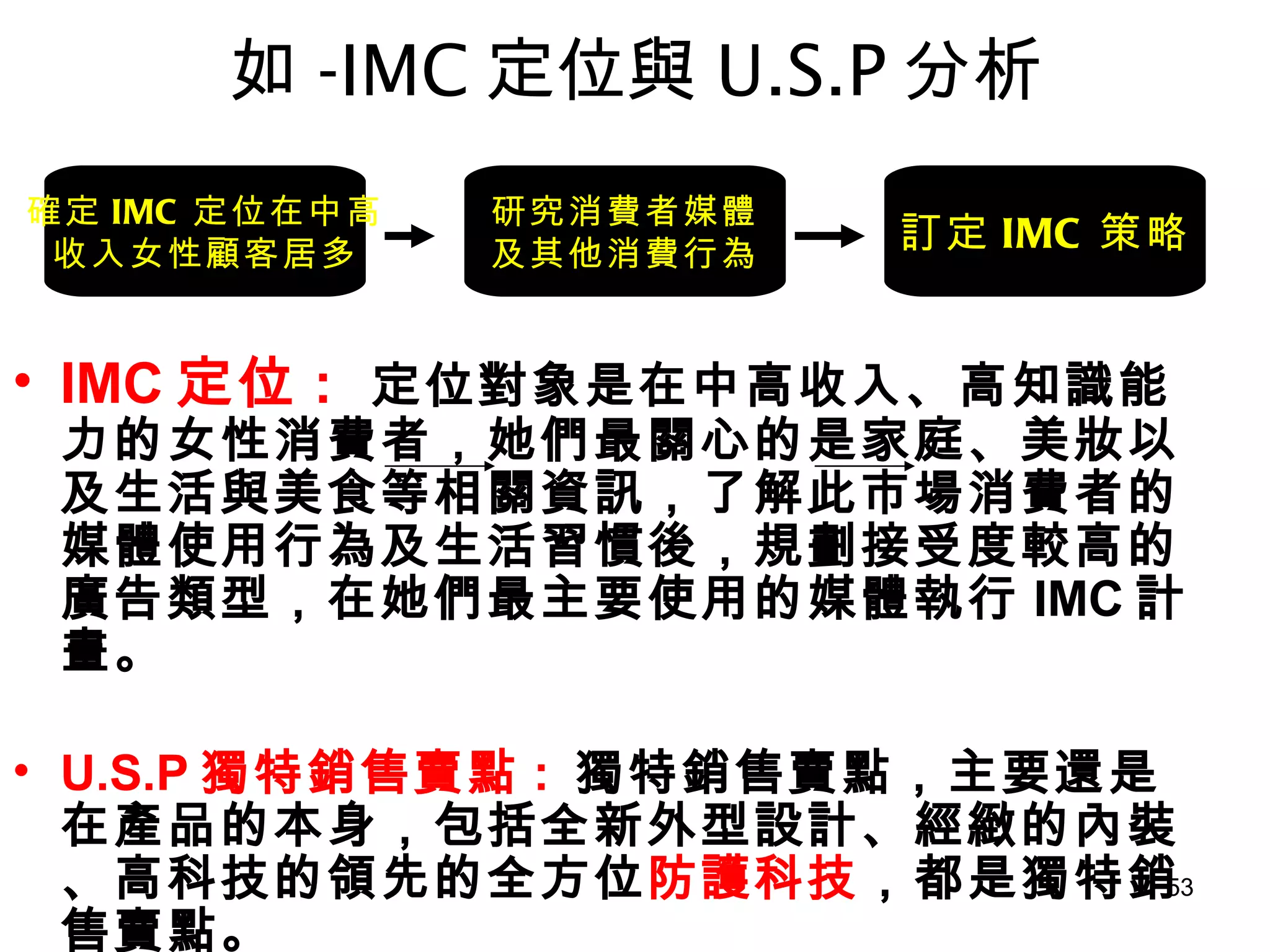 如 -IMC 定位與 U.S.P 分析 IMC 定位 :   定位對象是在中高收入、高知識能力的女性消費者，她們最關心的是家庭、美妝以及生活與美食等相關資訊，了解此市場消費者的媒體使用行為及生活習慣後，規劃接受度較高的廣告類型，在她們最主要使用的媒體執行 IMC 計畫。 U.S.P 獨特銷售賣點 :   獨特銷售賣點，主要還是在產品的本身，包括全新外型設計、經緻的內裝、高科技的領先的全方位 防護科技 ，都是獨特銷售賣點。 確定 IMC 定位在中高 收入女性顧客居多 研究消費者媒體 及其他消費行為 訂定 IMC 策略 