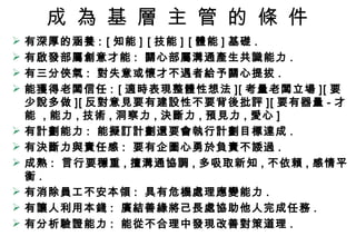 成 為 基 層 主 管 的 條 件 有深厚的涵養 : [ 知能 ] [ 技能 ] [ 體能 ] 基礎 . 有啟發部屬創意才能 :  關心部屬溝通產生共識能力 . 有三分俠氣 :  對失意或懷才不遇者給予關心提拔 . 能獲得老闆信任 : [ 適時表現整體性想法 ][ 考量老闆立場 ][ 要少說多做 ][ 反對意見要有建設性不要背後批評 ][ 要有器量 - 才能  , 能力 , 技術 , 洞察力 , 決斷力 , 預見力 , 愛心 ]  有計劃能力 :  能擬訂計劃還要會執行計劃目標達成 . 有決斷力與責任感 :  要有企圖心勇於負責不諉過 . 成熟 :  言行要穩重 , 擅溝通協調 , 多吸取新知 , 不依賴 , 感情平衡 . 有消除員工不安本領 :  具有危機處理應變能力 . 有讓人利用本錢 :  廣結善緣將己長處協助他人完成任務 . 有分析驗證能力 :  能從不合理中發現改善對策道理 . 