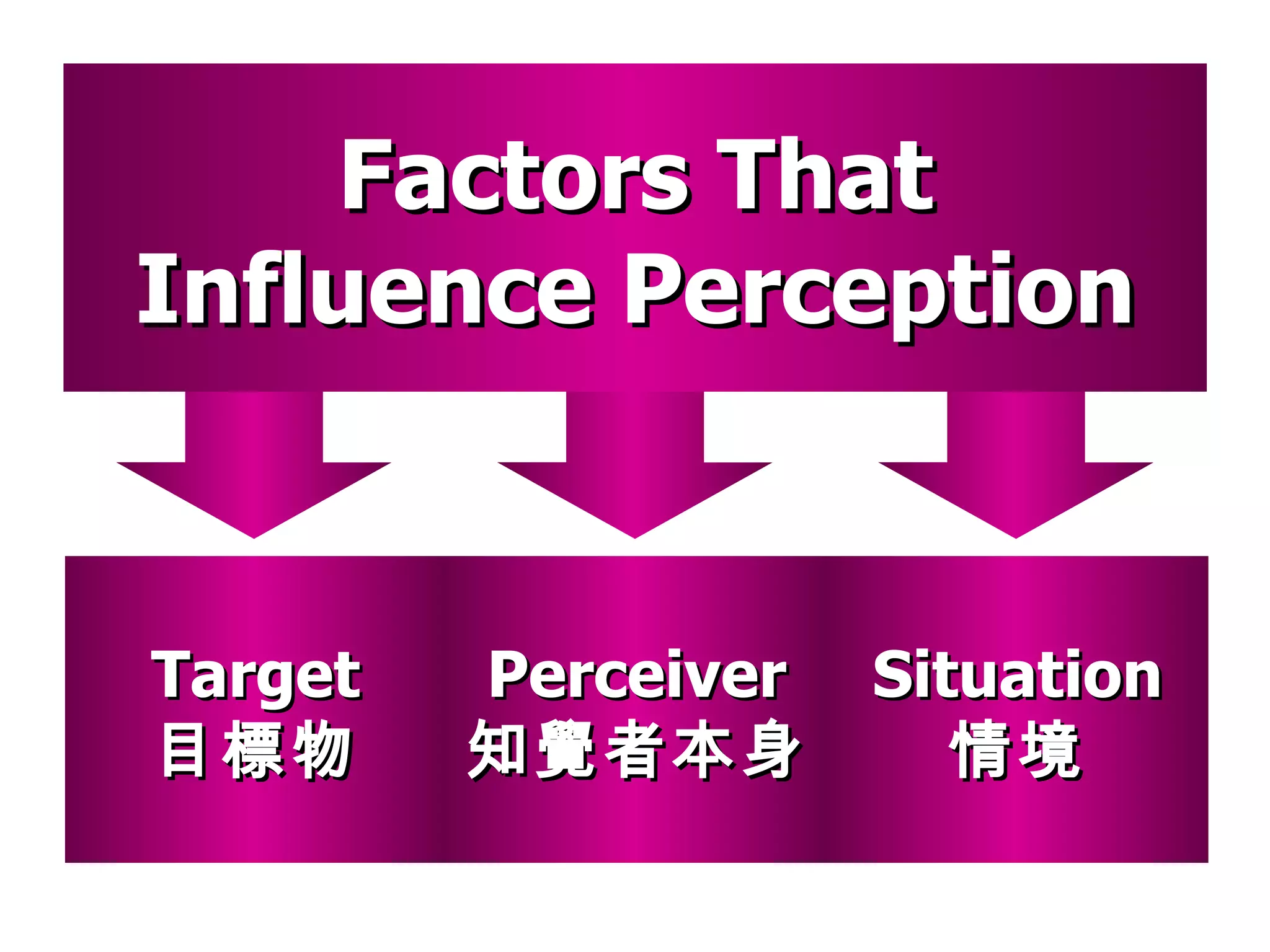 Factors That Influence Perception Situation 情境 Target 目標物 Perceiver 知覺者本身 