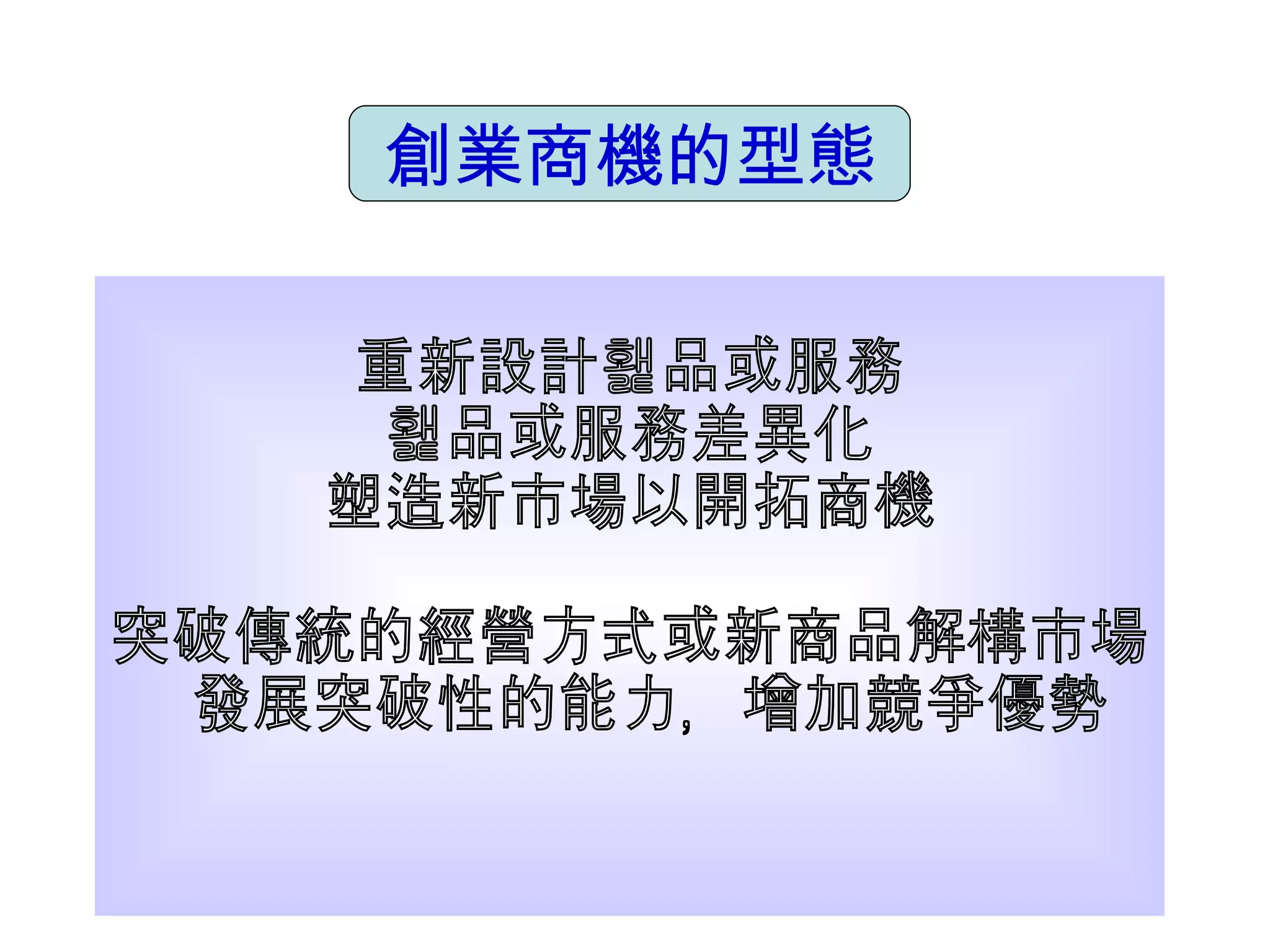 創業商機的型態 重新設計產品或服務 產品或服務差異化 塑造新市場以開拓商機 突破傳統的經營方式或新商品解構市場 發展突破性的能力，增加競爭優勢 