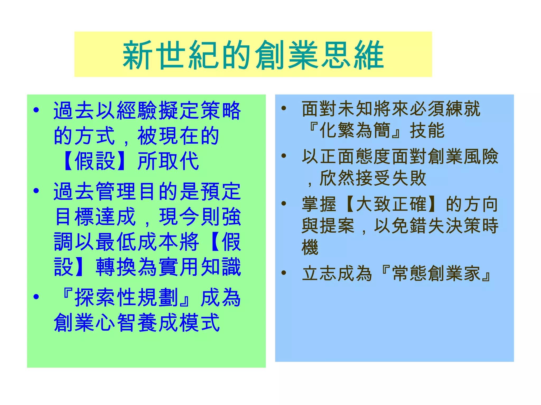 新世紀的創業思維 過去以經驗擬定策略的方式，被現在的【假設】所取代 過去管理目的是預定目標達成，現今則強調以最低成本將【假設】轉換為實用知識 『探索性規劃』成為創業心智養成模式 面對未知將來必須練就『化繁為簡』技能 以正面態度面對創業風險，欣然接受失敗 掌握【大致正確】的方向與提案，以免錯失決策時機 立志成為『常態創業家』 
