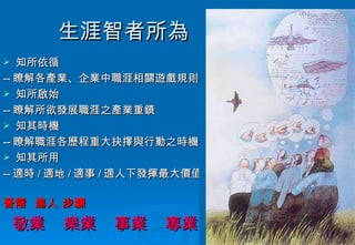 生涯智者所為 知所依循 -- 瞭解各產業、企業中職涯相關遊戲規則 知所啟始 -- 瞭解所欲發展職涯之產業重鎮  知其時機 -- 瞭解職涯各歷程重大抉擇與行動之時機  知其所用 -- 適時 / 適地 / 適事 / 適人下發揮最大價值 晉階  達人 步驟 敬業  樂業  事業  專業 