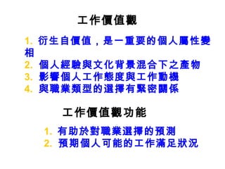 工作價值觀 工作價值觀功能 1.  有助於對職業選擇的預測 2.   預期個人可能的工作滿足狀況 1.  衍生自價值，是一重要的個人屬性變相 2.   個人經驗與文化背景混合下之產物 3.   影響個人工作態度與工作動機 4.   與職業類型的選擇有緊密關係 