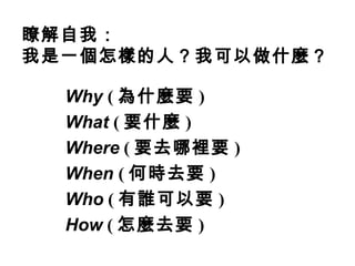 瞭解自我： 我是一個怎樣的人？我可以做什麼？ Why  ( 為什麼要 ) What  ( 要什麼 )  Where  ( 要去哪裡要 )  When  ( 何時去要 ) Who  ( 有誰可以要 ) How  ( 怎麼去要 ) 