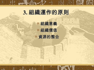 3. 組織運作的原則   組織意義 組織價值 資源的整合 