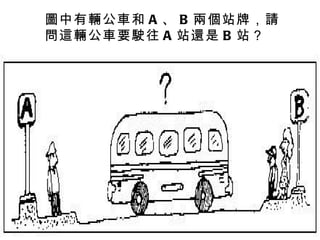 圖中有輛公車和 A 、 B 兩個站牌，請問這輛公車要駛往 A 站還是 B 站？ 